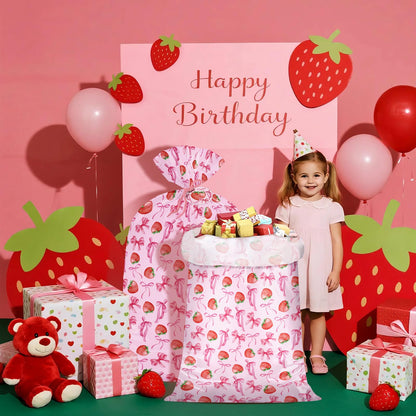 WRAPAHOLIC 56" Large Strawberry Bow Plastic Gift Bag - Pink Bow and Sweet Strawberry Jumbo Bike Bag Gift Wrap for Women Girls Birthday, Baby Shower, Wedding, Bridal Shower - 56" H x 36" W