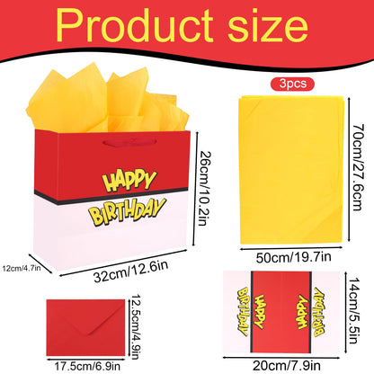 SAVITA Birthday Party Gift Bag Set, Red and White Cartoon Animation Theme Goodie Bag Wrapping Paper Greeting Card Envelope for Kids Birthday Party Decoration Supplies