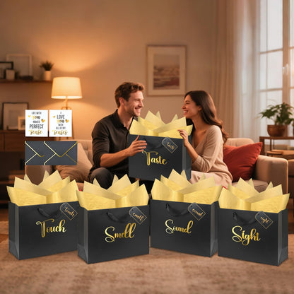 Nimbbex 13'' Large 5 Senses Gift Bags for Him Her with Labels Envelopes and Cards, Gold Foil Five Senses Gift Bags with Tissue Handle for Birthday, Anniversary, Mother's Day, Valentine's Day (Black)