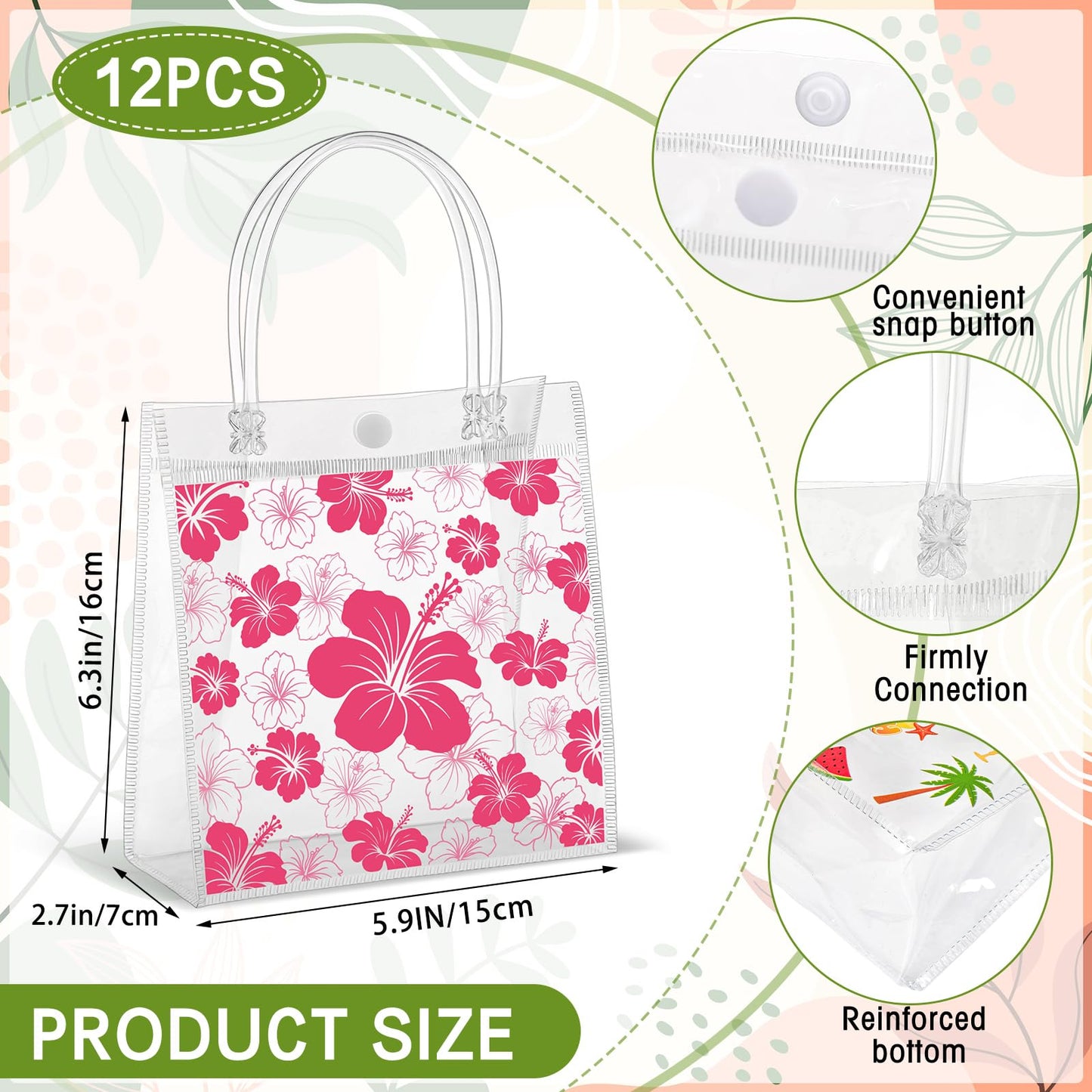 SilTriangle 36 Pcs Hawaiian Clear Gift Bags Luau Party Favors with Handles Bag 6.3 x 5.91 x 2.76 Inches Hibiscus PVC Goodie Bag Aloha Tropical Tiki Beach Gift Bags for Summer Birthday Party Supplies