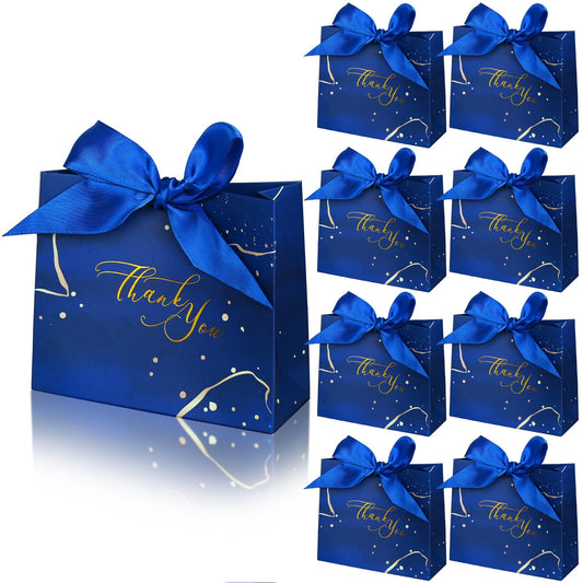 DECHISY 30Pack Small Thank You Gift Bags,Marble Pattern Party Favor Bags with Blue Bow Ribbon,4.5x1.8x3.9Inches,Paper Bags for Birthday Wedding Bridesmaid Holiday Valentines Day(Blue)