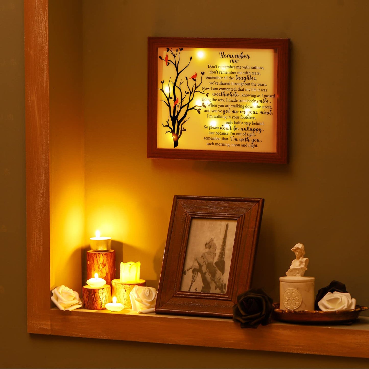Gerrii Sympathy Memorial Gifts Red Cardinal Bereavement LED Memorial Gifts for Loss of Loved One Wooden Shadow Box 10'' x 8'' in Poem and Light for Mom Dad Father Funeral Bereavement(Retro Style)