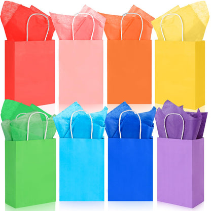 LovesTown 24 Pack Small Gift Bags with Tissue Paper, 5.5x2.75x7.8 Inch Goodie Bags with Handles 8 Colors for Birthdays Weddings Gift Wrapping Bulk Supplies