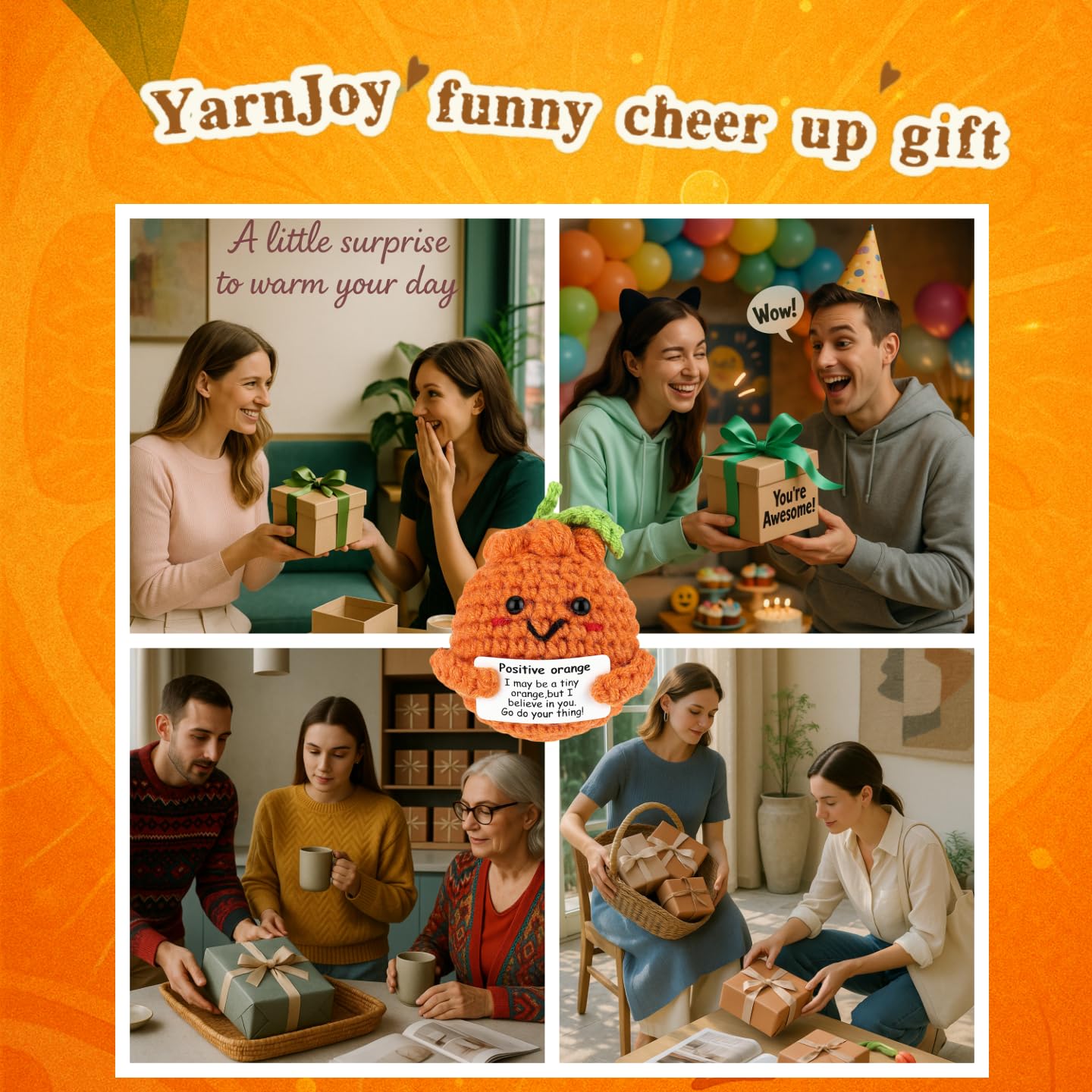 Positive Energy Crochet Orange Gift with Inspiring Affirmation Card Fun Emotional Support Present for Women and Men Perfect Birthday and Office Desk Decor