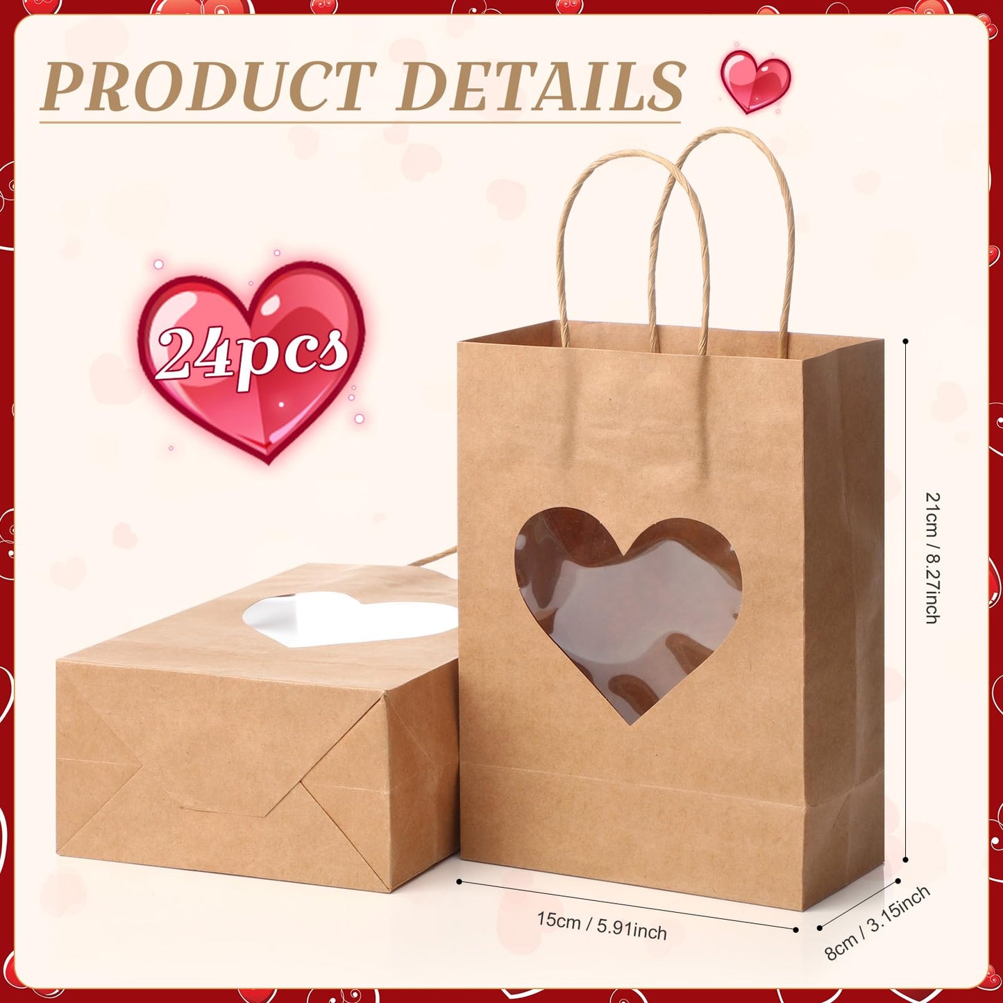 Eersida 24 Pcs Valentine's Day Gifts Bags with Heart Window Kraft Brown Paper Goodie Bag Bulk Holiday Candy Treat Wrapping with Handle for Galentines Wedding Birthday Party Supplies, 8.3"x5.9"x3.2"