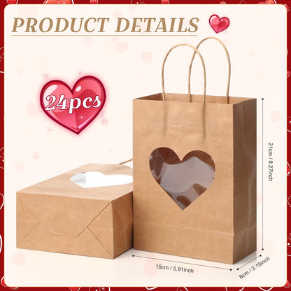 Eersida 24 Pcs Valentine's Day Gifts Bags with Heart Window Kraft Brown Paper Goodie Bag Bulk Holiday Candy Treat Wrapping with Handle for Galentines Wedding Birthday Party Supplies, 8.3"x5.9"x3.2"