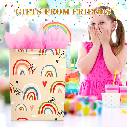 Gift Bag for Girls, Birthday Large Gift Bag Bulk Set Included 2 Pack Paper Gift Bags with Tissue Paper, Rainbow Gift Bags for Kids, Baby, The Colorful Pink Red Gift Bags with Handles, The Pretty Present Bag Gift Bags for Birthday, Party, Baby Shower...