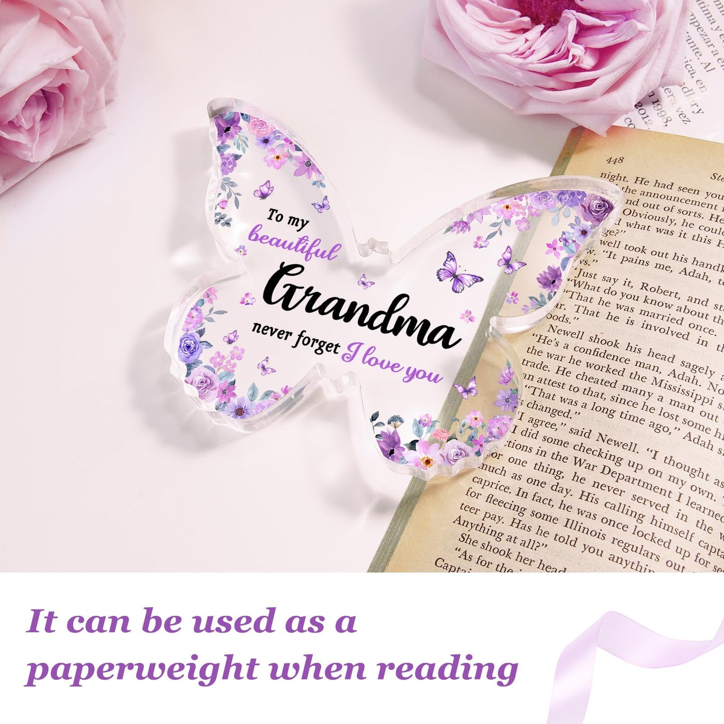 Gifts for Grandma, Grandma Birthday Gifts, Unique Purple Butterfly Acrylic Plaque Desk Decor, Mothers Day Christmas Grandparent Day Gift for Grandmother Nana - 5 x 3.8 x 0.5 inches