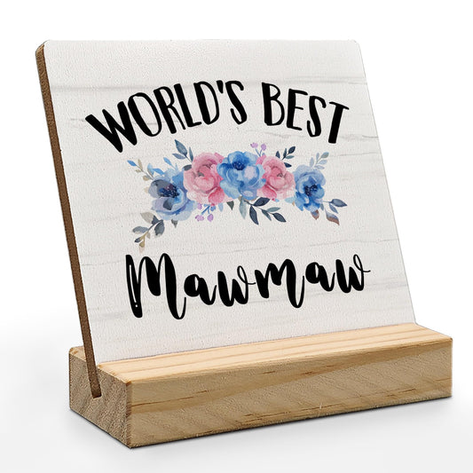 Mawmaw Gifts Desk Decor, Mawmaw Christmas Gifts for Grandma Nana Gigi Gift from Grandkids Grandchildren Wood Plaque, World's Best MawmawWooden Plaque Sign with Wood Stand for Home Office