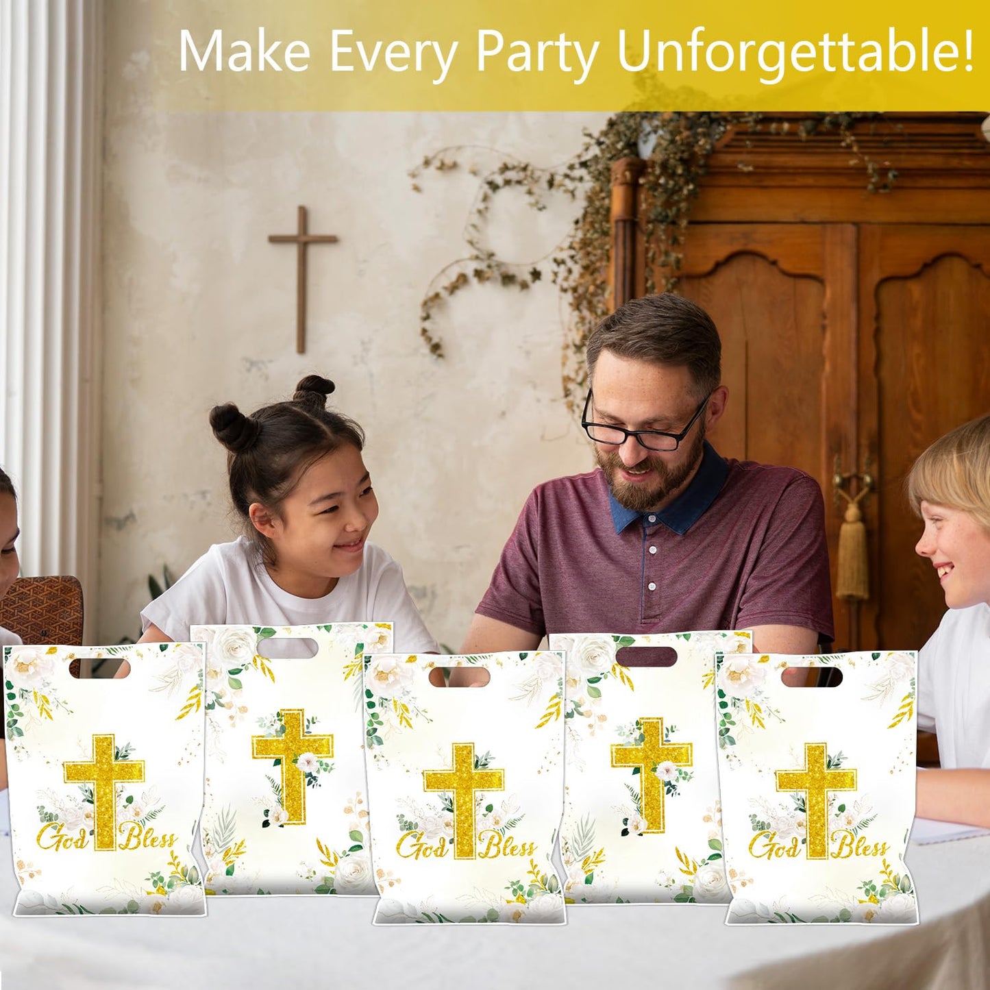 Falueqg Baptism Party Favor Bags - Bulk First Communion Favors for Guests Reusable Treat Bag, Baptism Party Goodie Suprise Pinata Bags for Candy Cookies Popcorn (50 Pcs)