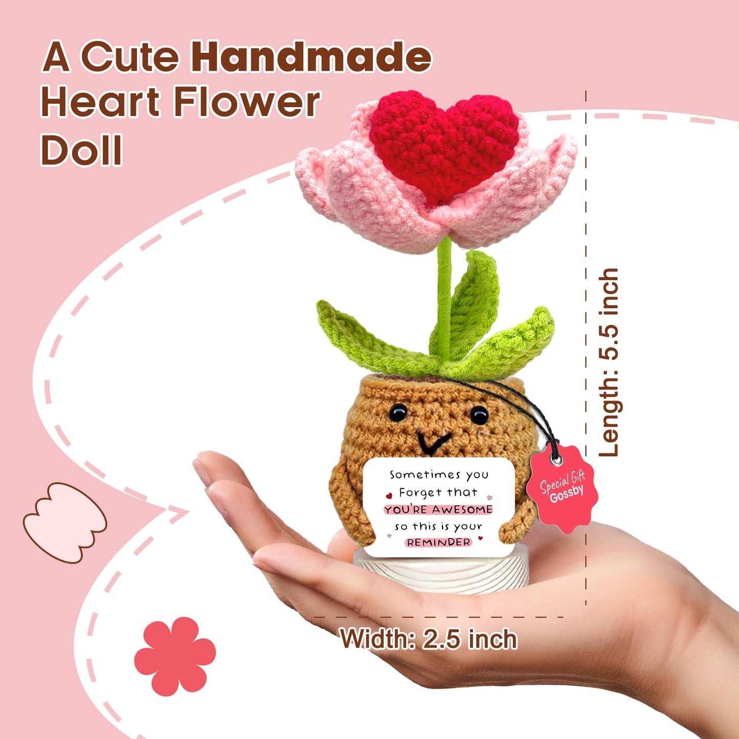 Gossby Handmade Positive Heart Flower Crochet with 'Sometimes You Forget You're Awesome Reminder' Card - Encouragement Gifts for Friend - Cute Inspirational Birthday Gift for BFF Sister Coworker Women