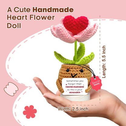 Gossby Handmade Positive Heart Flower Crochet with 'Sometimes You Forget You're Awesome Reminder' Card - Encouragement Gifts for Friend - Cute Inspirational Birthday Gift for BFF Sister Coworker Women