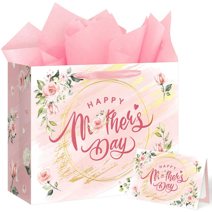 Aysimple Happy Mother's Day Large Gift Bag Set with Greeting Card and Pink Tissue Paper 13" Love Mother Present Bag Pastel Flower Paper Gift Bags with Handles for Happy Mom's Day Party Decorations