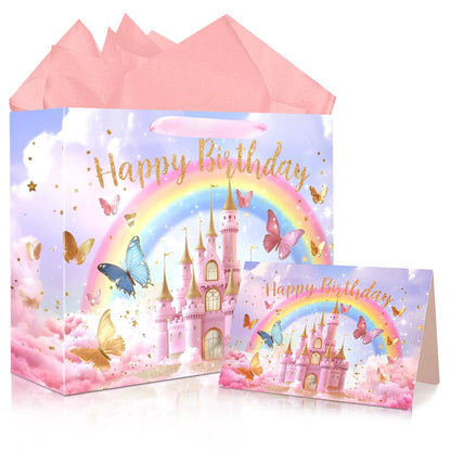 JOARHONAL Princess Castle Gift Bag - 13" Large Happy Birthday Gift Bag with Tissue Paper and Card for Girls Kids Pink Princess Themed Birthday Party Supplies