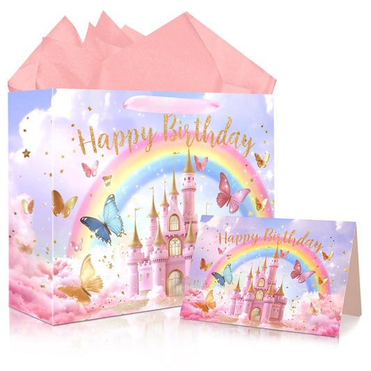 JOARHONAL Princess Castle Gift Bag - 13" Large Happy Birthday Gift Bag with Tissue Paper and Card for Girls Kids Pink Princess Themed Birthday Party Supplies