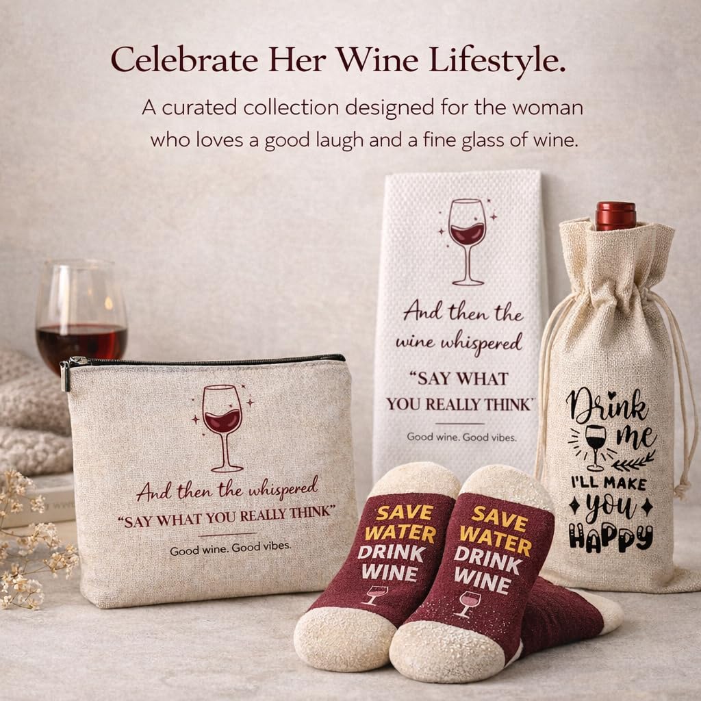 Wine Gifts for Women – 5-Piece Set with Socks, Towel, Makeup Bag & Bottle Gift Bag. Practical Birthday Present for Mom