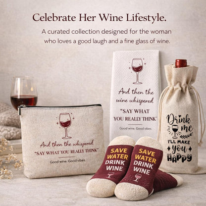 Wine Gifts for Women – 5-Piece Set with Socks, Towel, Makeup Bag & Bottle Gift Bag. Practical Birthday Present for Mom