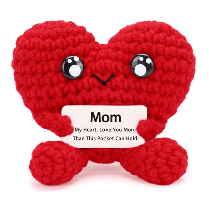 Birthday Gifts for Mom - Pocket Hug Heart with Positive Emotional Card Handmade Crochet Heart Doll for Mother's Day Women Mom Grandma (HeartShape-Red2)