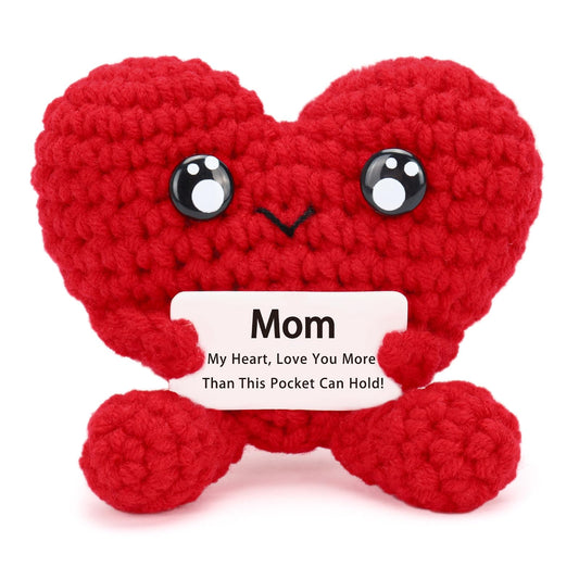 Birthday Gifts for Mom - Pocket Hug Heart with Positive Emotional Card Handmade Crochet Heart Doll for Mother's Day Women Mom Grandma (HeartShape-Red2)