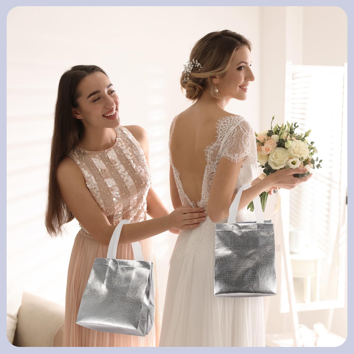 Eccliy 80 Pcs Reusable Gift Bags Set Glossy Grocery Gift Tote Bag with Hadnle for Wedding, Father's Day, Graduation, Summer Event (10 x 8 x 4.7 Inch,Silver)