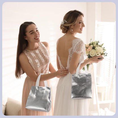 Eccliy 80 Pcs Reusable Gift Bags Set Glossy Grocery Gift Tote Bag with Hadnle for Wedding, Father's Day, Graduation, Summer Event (10 x 8 x 4.7 Inch,Silver)