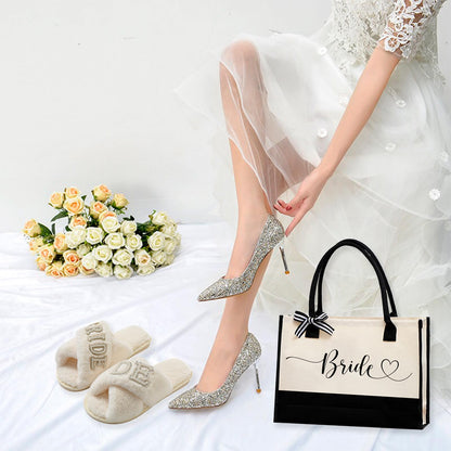5Pcs Bridal Shower Gifts Set with Bride Bag Cosmetic Bag Sunglasses Slippers Hair Clip, Suitable for Bridal Shower, Weddings, Bachelorette Gifts for Bride, Bride Gift Set