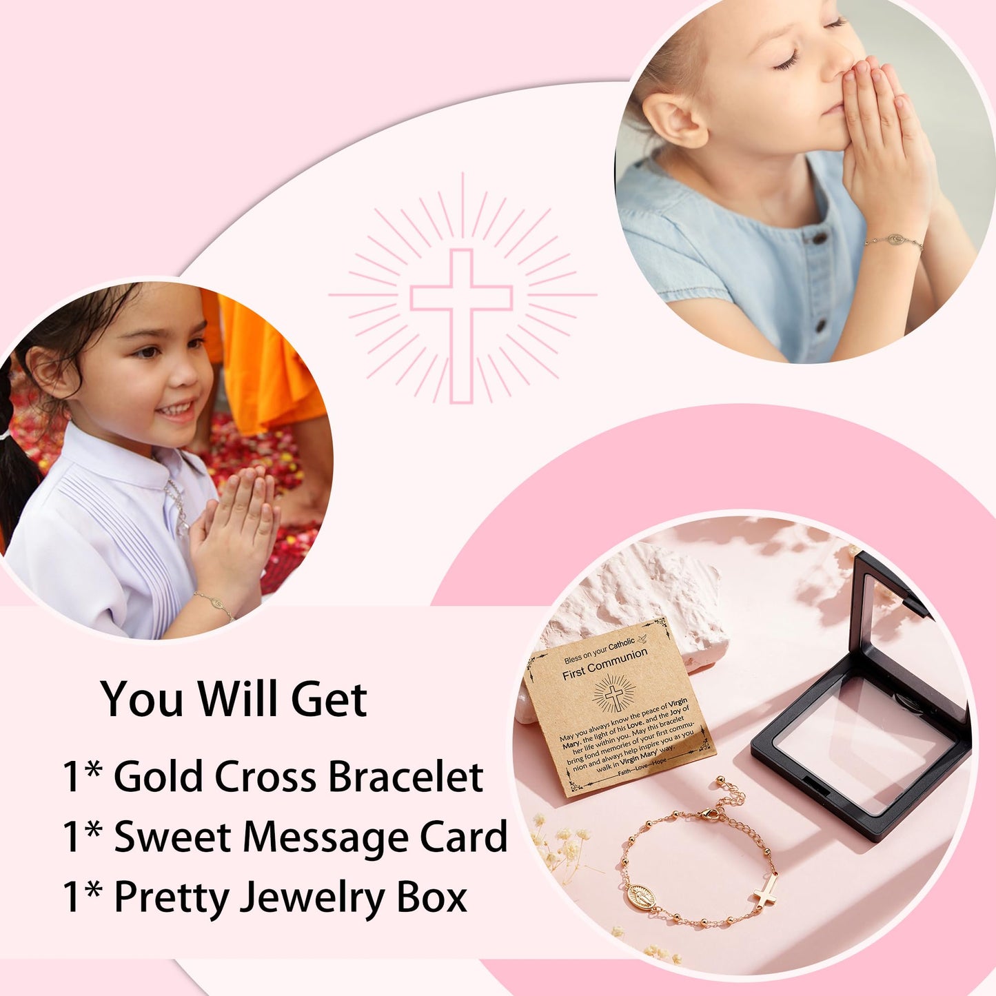 Catholic First Communion Confirmation Baptism Gifts for Girls Teens, Virgin Mary Cross Charm Link Chain Rosary Beads Bracelet Religious Jewelry Gifts