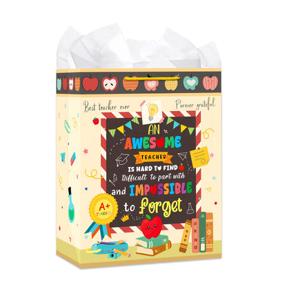 HEYINSHEN Teacher Appreciation Gift Bag 13'' Teacher Gift Bag with Handles and Tissue Paper Best Teacher Ever Appreciation Day Goodies Bag Cards Notebook Line Gifts for Retirement Graduation Supplies