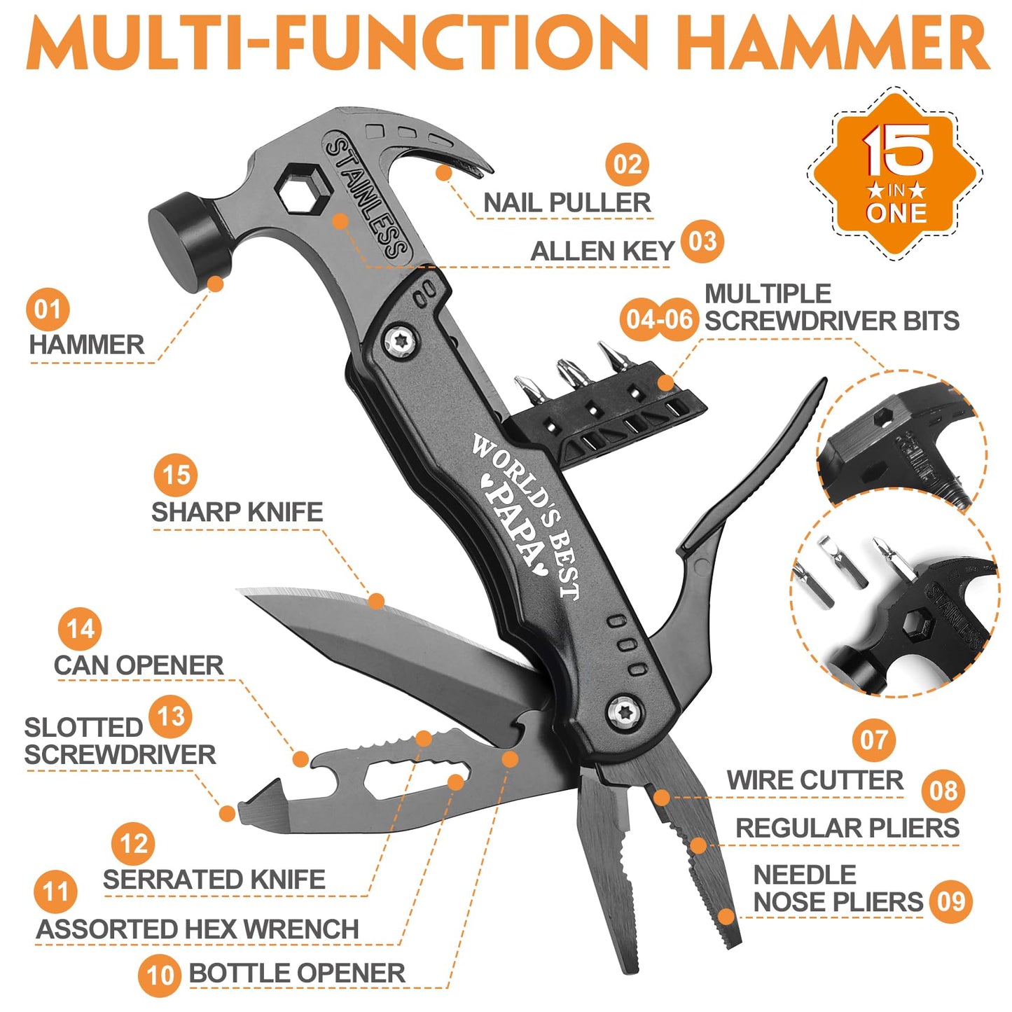 WILLUCK Papa Gifts - Christmas Practical Gifts for Papa, Best Papa Gifts - "WORLD'S BEST PAPA" 15 in 1 Multitool Hammer - Papa Gifts from Grandchildren - Fathers Day Birthday Gift Ideas for Papa