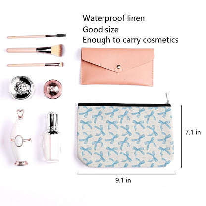Coquette Makeup Bag Trendy Teen Girls Gifts Blue Bow Pouch Bag Gift for Women Aesthetic Cosmetic Bag Preppy Stuff Trendy Preppy Makeup Bag Funky Zipper Travel Toiletry Bag