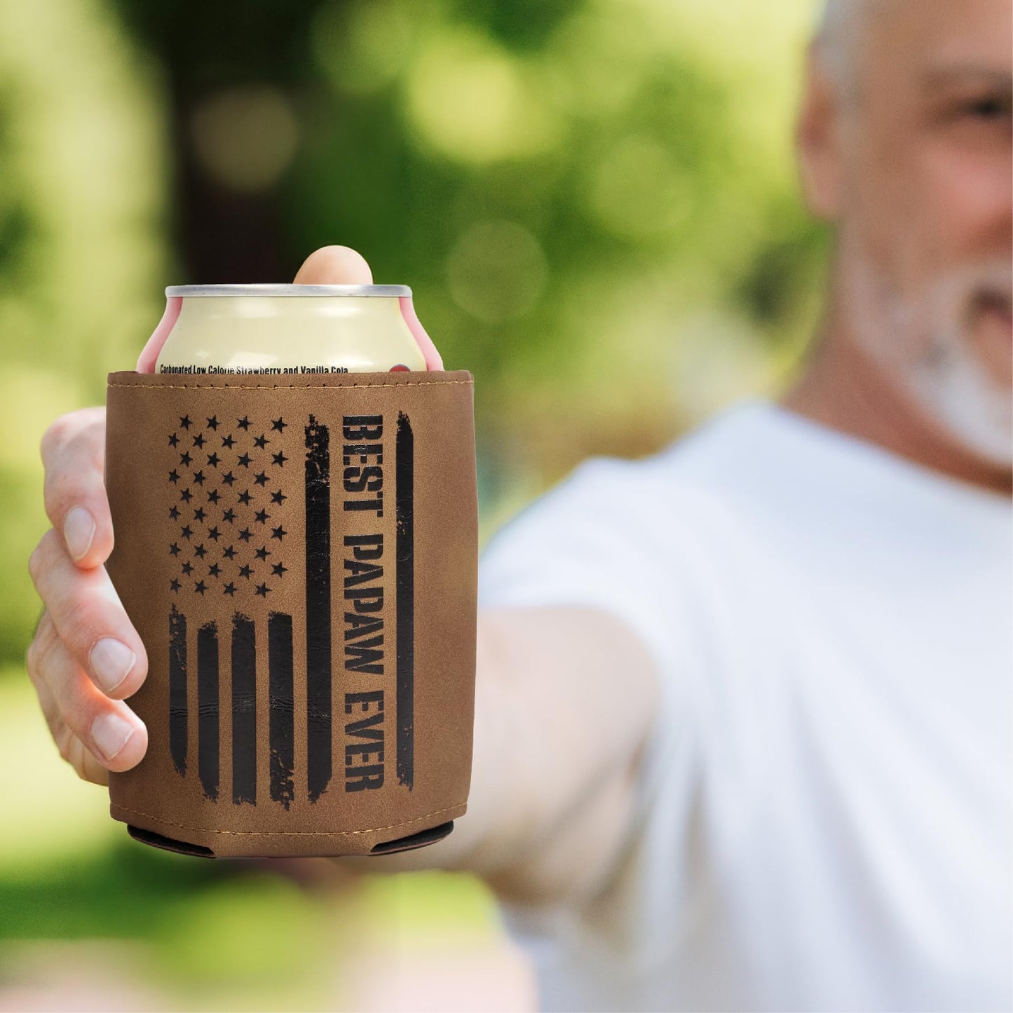 Best PaPaw Gifts – Funny PU Leather Can Cooler Sleeve for PaPaw from Grandkids, Fathers Day Birthday Christmas Gift Idea, Fits 12 Oz Cans