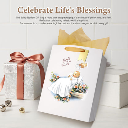 reviamz White Gift Bag Holy Spirit Design with Tissue Paper for Baby Boy and Girl Baptisms,Christenings,Baby Shower,First Communions Dedication Gifts for Religious Catholic Occasion- 10" x 5" x 13"