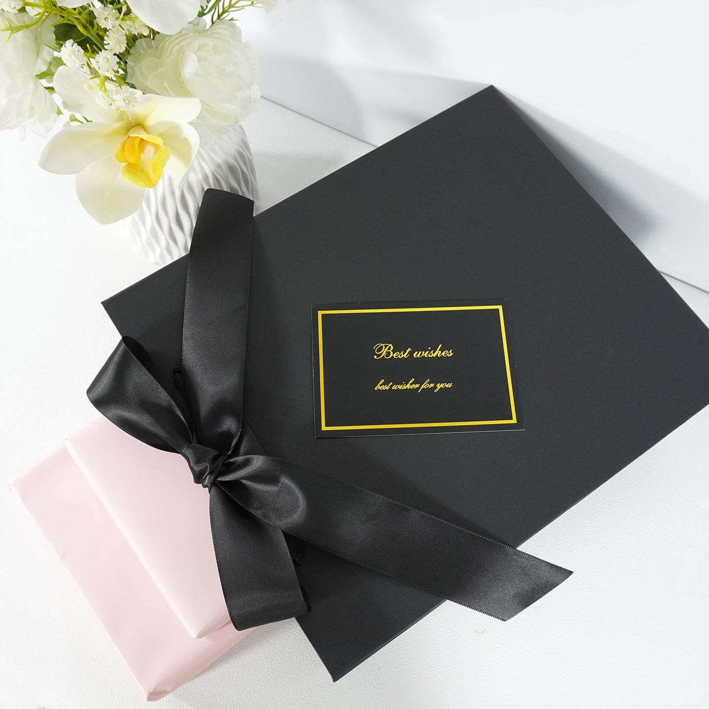 Elegant Black Gift Bag 10.2"x4.7"x12.2" with Ribbons Handles, Includes Card and Tissue Papers for Weddings, Birthdays, Baby Shower, Parties, Holidays