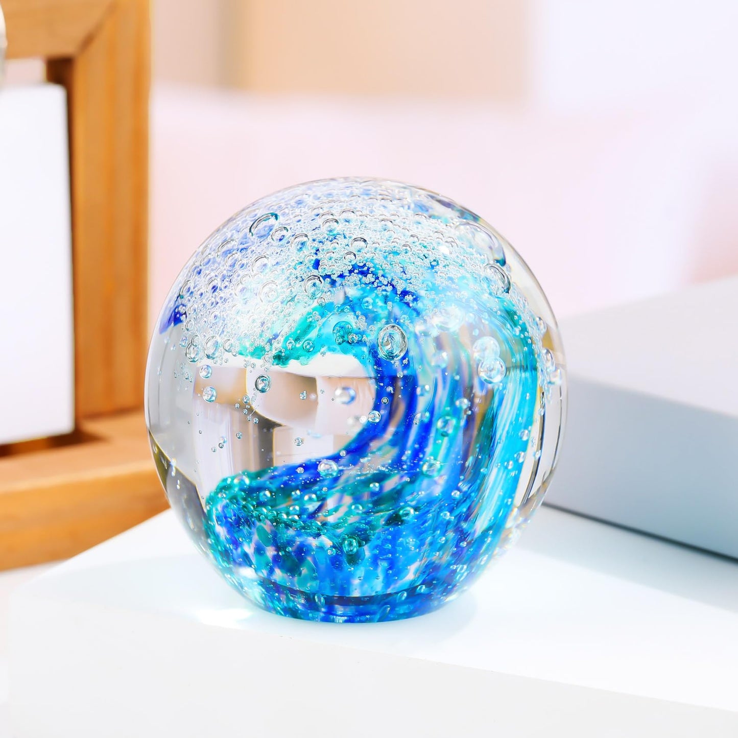 YWHL Hand Blown Ocean Decor Glass Waves Figurines Ball, Ocean Themed Gifts for Women Men, Sea Glass Decoration Collectible Figurines Paperweight for Home Office Decor