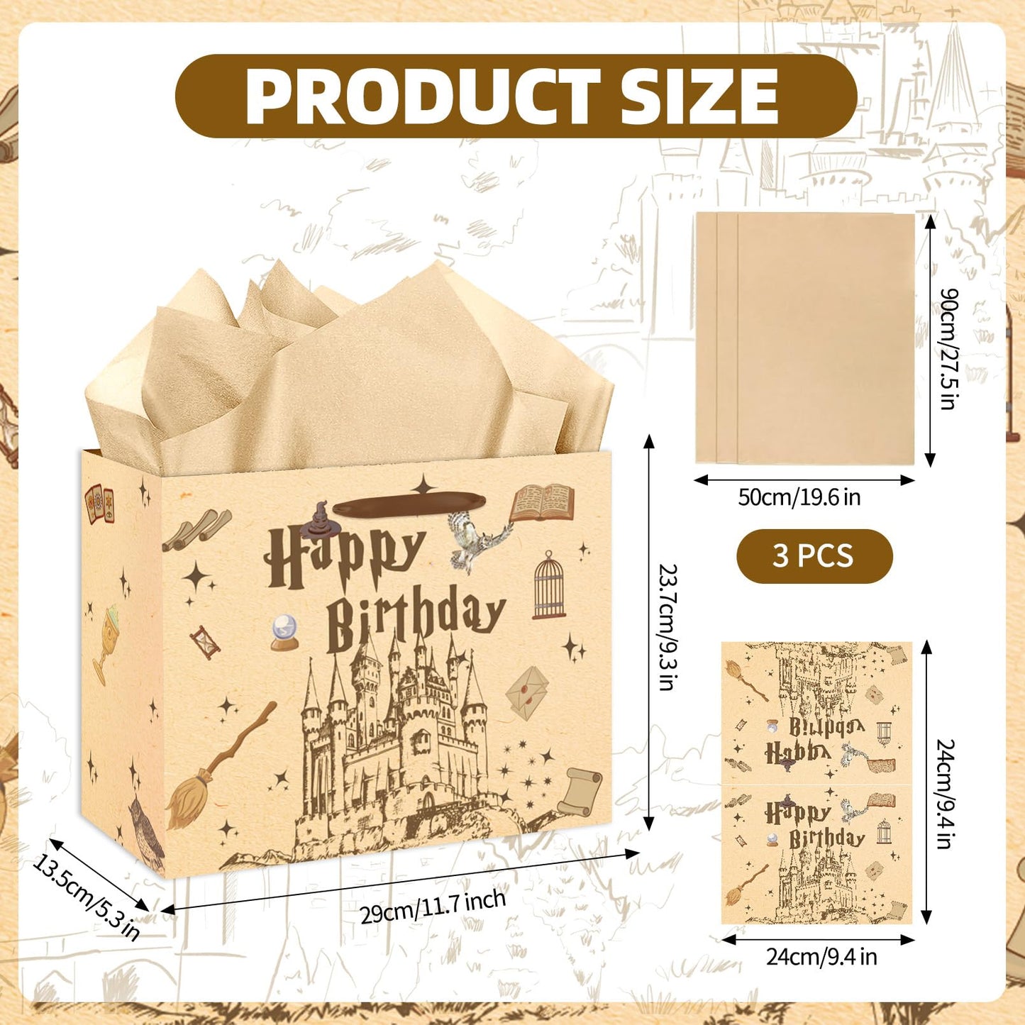 EIGHTSTATES Wizard Happy Birthday Gift Bag - Castle Birthday Party Favors with Greeting Card & Tissue Paper Envelope for Boys/Girls - Halloween Bday Decor for Wizard Parties, Baby Showers