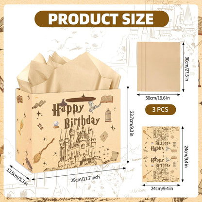 EIGHTSTATES Wizard Happy Birthday Gift Bag - Castle Birthday Party Favors with Greeting Card & Tissue Paper Envelope for Boys/Girls - Halloween Bday Decor for Wizard Parties, Baby Showers