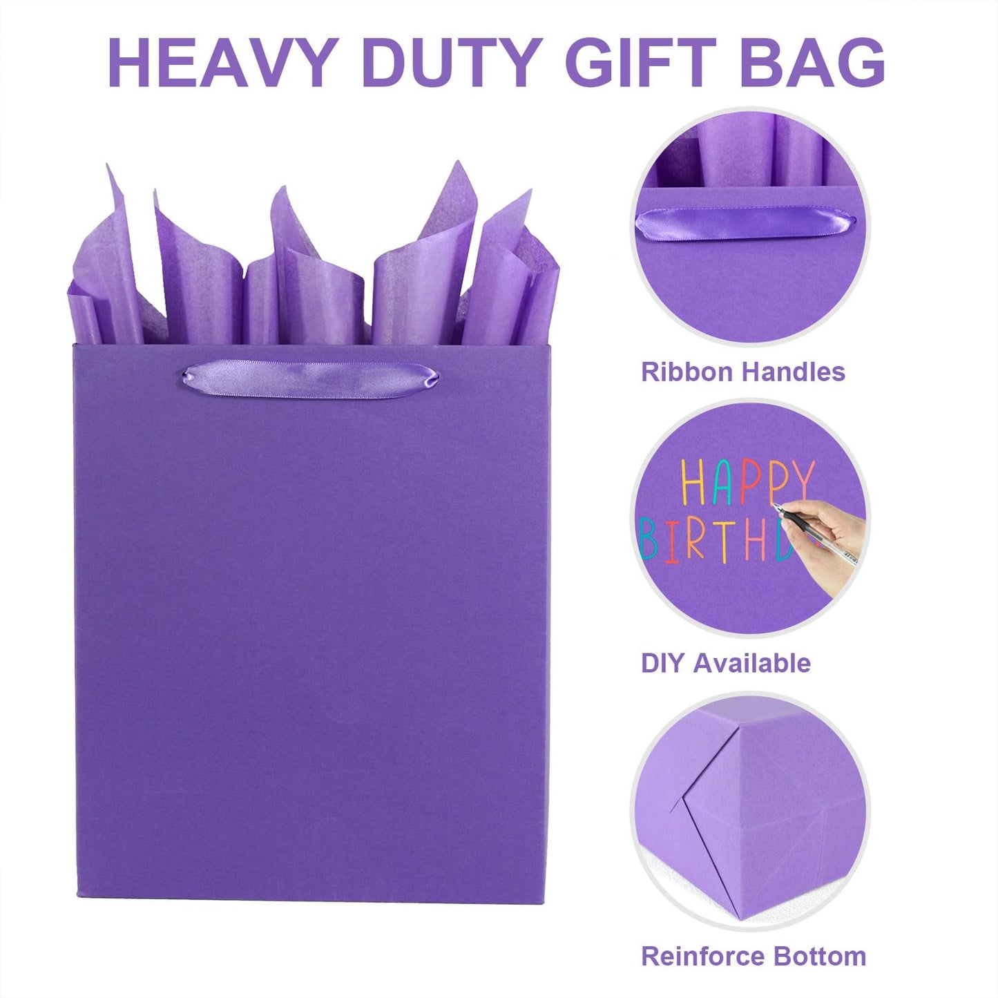 Elegant Purple Gift Bag 10.2"x4.7"x12.2" with Ribbon Handles, Includes Card and Tissue Papers, Perfect for Birthdays, Weddings, Parties, Holidays, Baby Shower