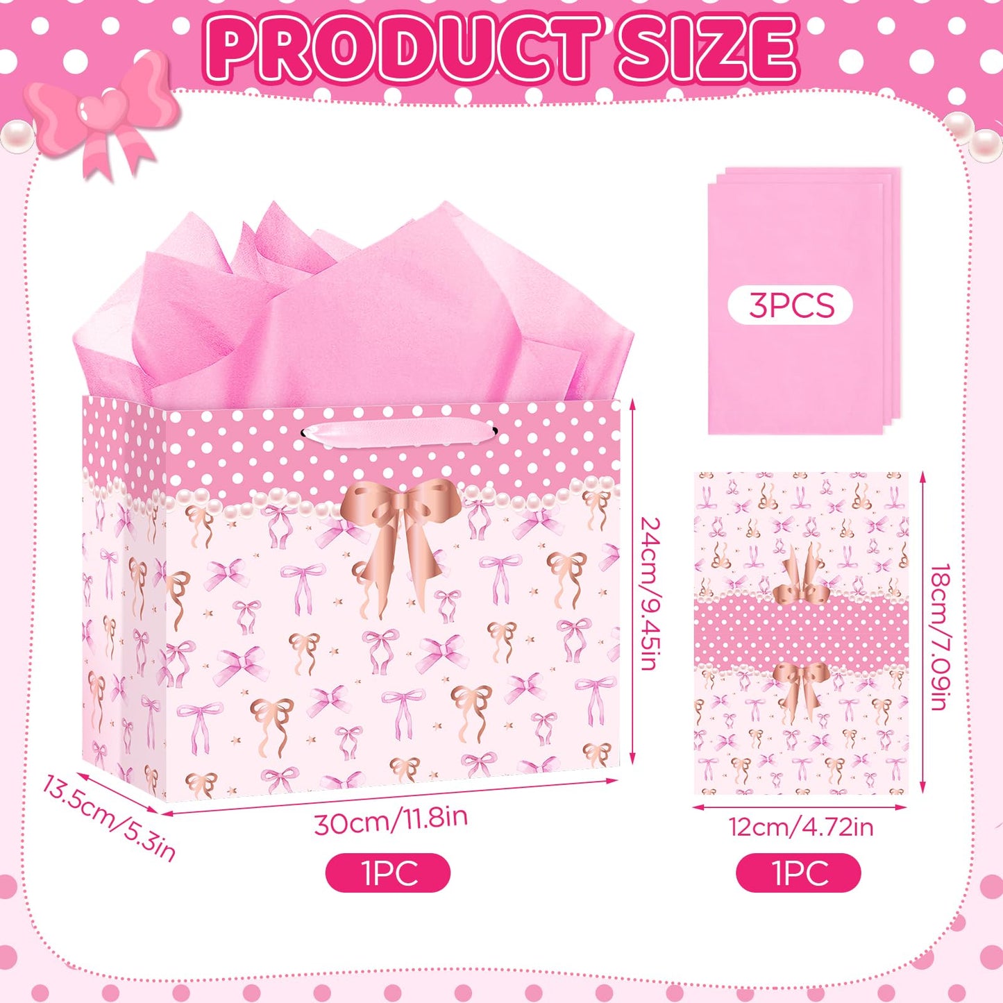 Neptniopllab Bow Birthday Gift Bag,Pink Bow Wrapping Paper Gift Bag BowKnot Party Decoration with Card and Tissue Paper for Women Birthday Valentine's Day Wedding Baby Shower Party Supplies