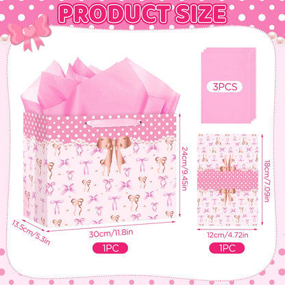 Neptniopllab Bow Birthday Gift Bag,Pink Bow Wrapping Paper Gift Bag BowKnot Party Decoration with Card and Tissue Paper for Women Birthday Valentine's Day Wedding Baby Shower Party Supplies