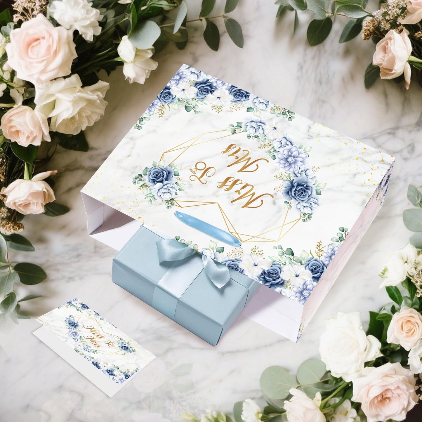 EIGHTSTATES Boho Bridal Shower Gift Bag Blue Floral Miss to Mrs Gift Bags with Card Tissue Bridal Shower Gift Wrapping Paper Bag for Weddings Bachelorette Parties Bridal Showers