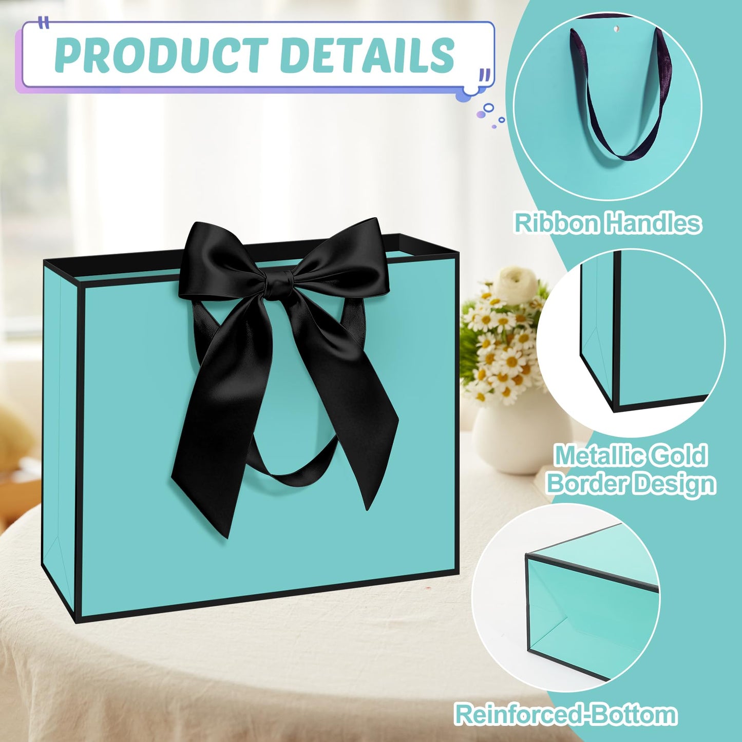 Patdefie 12 Pack Teal Gift Bags with Handle 12.5x10x4.3 inch Thank You Favor Welcome Bags Return Gifts for Wedding Mothers Graduation Baby Shower Birthday Thanksgiving(teal balck)