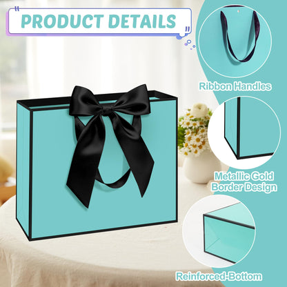 Patdefie 12 Pack Teal Gift Bags with Handle 12.5x10x4.3 inch Thank You Favor Welcome Bags Return Gifts for Wedding Mothers Graduation Baby Shower Birthday Thanksgiving(teal balck)