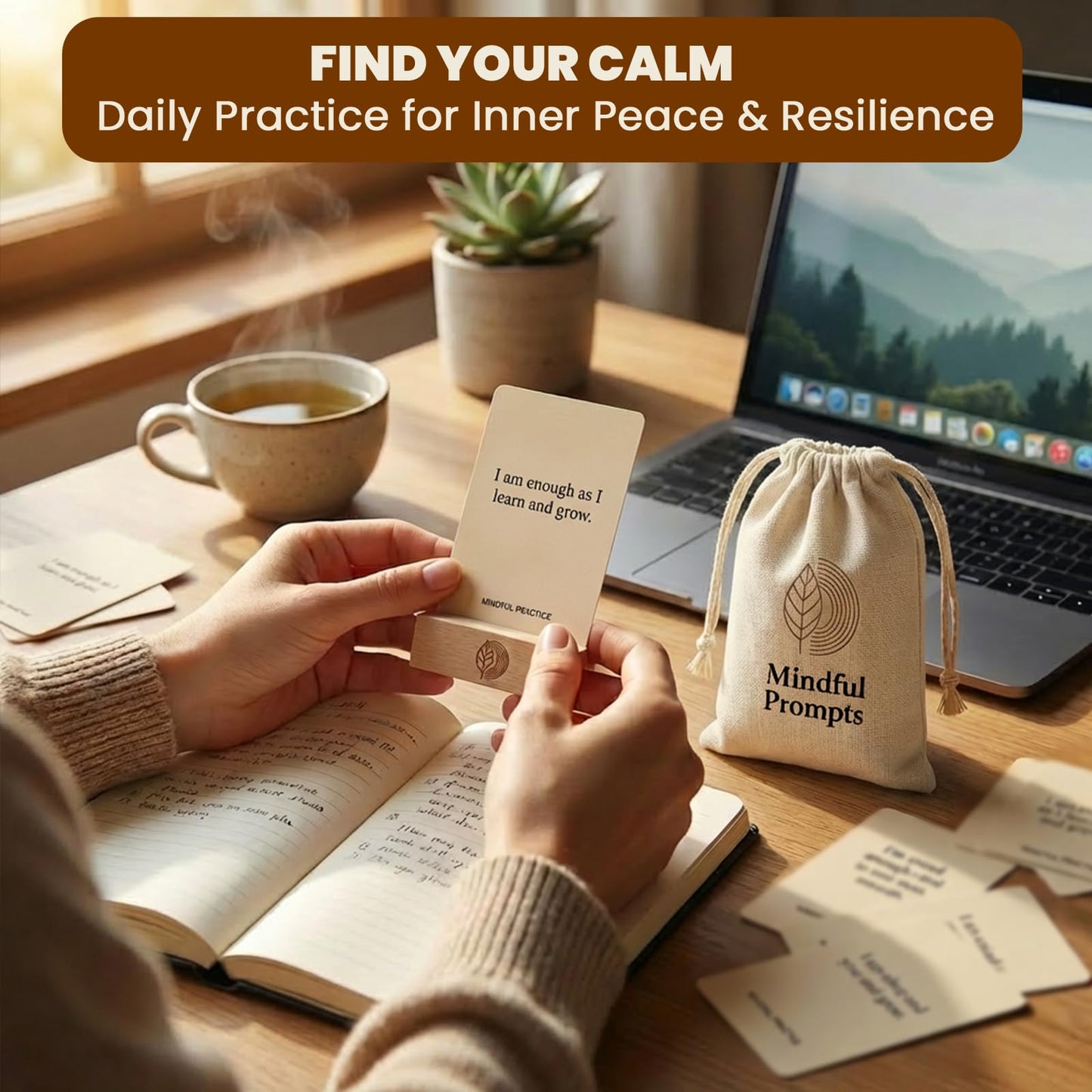 Affirmation Cards, 100 Mindful Prompts with Wooden Display Stand - Daily Affirmations for Inspiration, Mindfulness & Self Care - Unique Affirmation Gifts for Women or Men