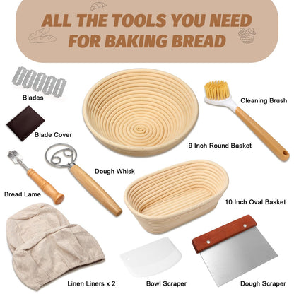 Sourdough Proofing Basket Gift Set, 9" Round and 10" Oval Banneton Bread Baking Supplies, Sourdough Baskets with Bread Lame, Danish Whish, Bowl Scraper, Sourdough Scraper, and Linen Liner