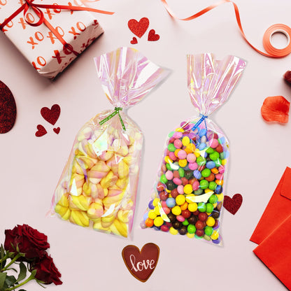 Yotelab Iridescent Holographic Cellophane Treat Bags, 5x11 Inches, Party Favors with Twist Ties, 100 Pieces