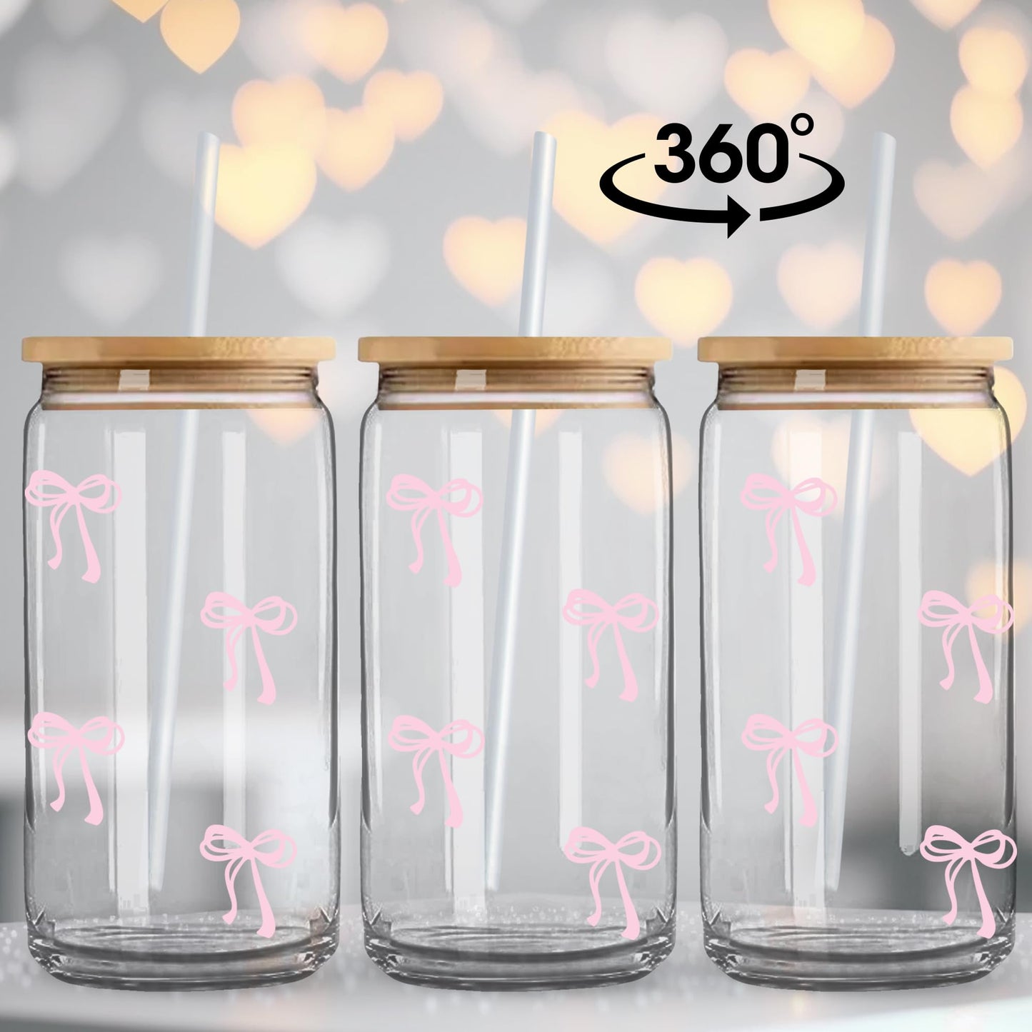 Coquette Cute Pink Bow Glass Cups with Lids and Straws, Aesthetic Iced Coffee Matcha Cup, Girly Preppy Design Tumbler Mug, Valentines Christmas Birthday Gifts for Women, Teen Girl Gifts Trendy Stuff