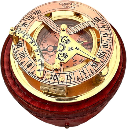 Personalized Engraved Antique Brass & Copper Sundial Compass, Sundial Clock in Leather Box Gift Sun Clock Ship Replica Watch