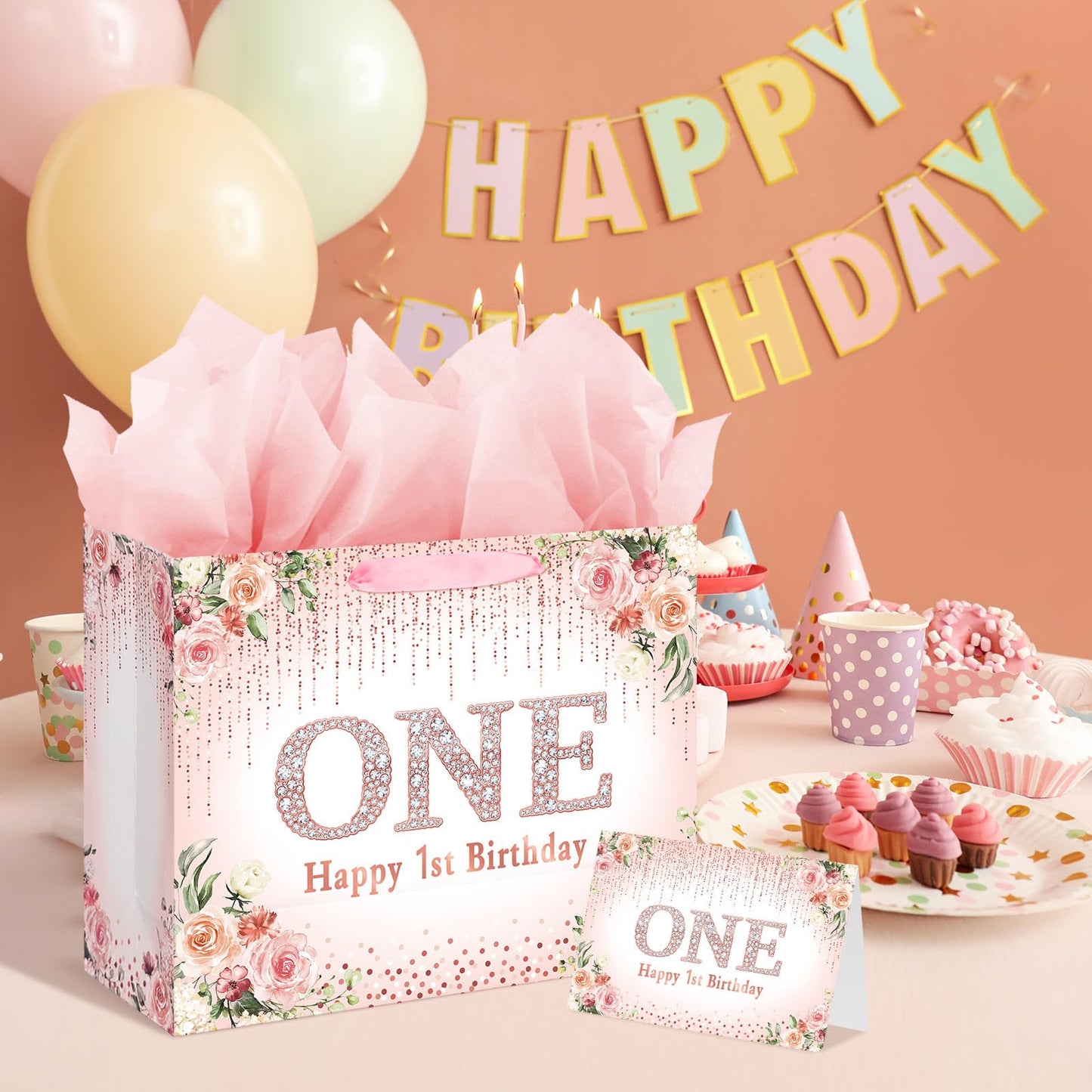 Laidans Rose Gold One Year Old Happy Birthday Gift Bag with Tissue Paper and Card for Bday Party Supplies (Rose Gold) (1st)