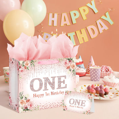 Laidans Rose Gold One Year Old Happy Birthday Gift Bag with Tissue Paper and Card for Bday Party Supplies (Rose Gold) (1st)