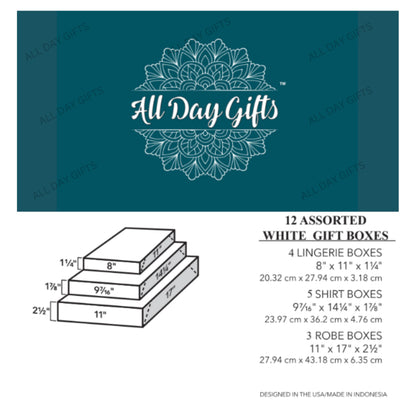 All Day Gifts 12-Pack White Gift Boxes with Lids – Multi-Pack Gift Wrap Boxes for Clothes, Apparel, Christmas and Birthdays, Assorted Sizes